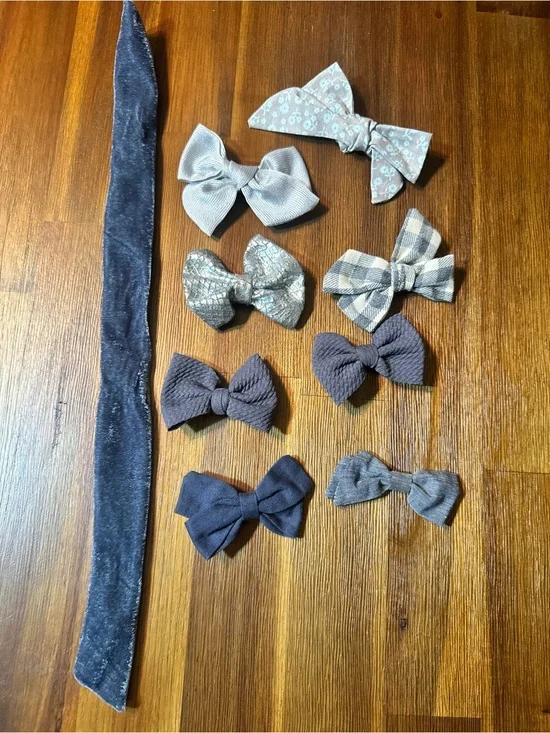 Boutique Hair Bow Bundle Lot 8 Bows + Velvet Hair Tie Gray Baby Toddlers Girls