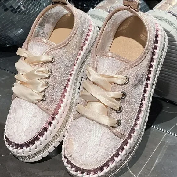Round Toe Platform Loafers – Chic Lace Mesh & PU Leather Low Heel Slip-Ons