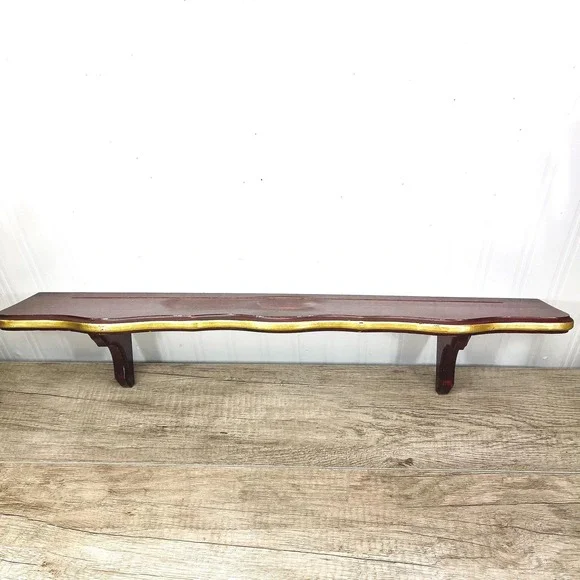 Vintage Maroon and Gold Wooden Plate Shelf - Vintage Wood Curio