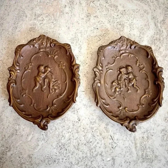 Lot of 2 Vintage 70s Womens Brown Midcentury Ceramic Carved Wall Plaque Decor Sm