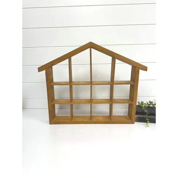 Vintage Rustic Wooden House Shadow Box Wall Display trinket Shelf 12 Cubby