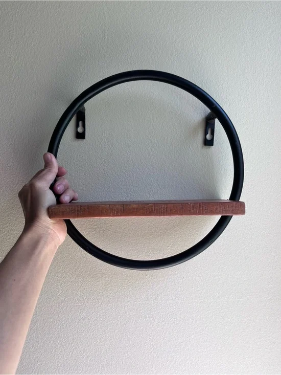 Black Metal Ring Wall Shelf with Wood Accent - Modern Home Wall Decor