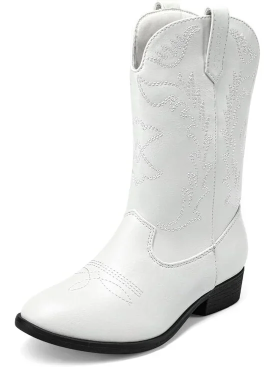 Dream Pairs Girls  White Embroidered Cowgirl Stylish Girls Mid Calf Shoes