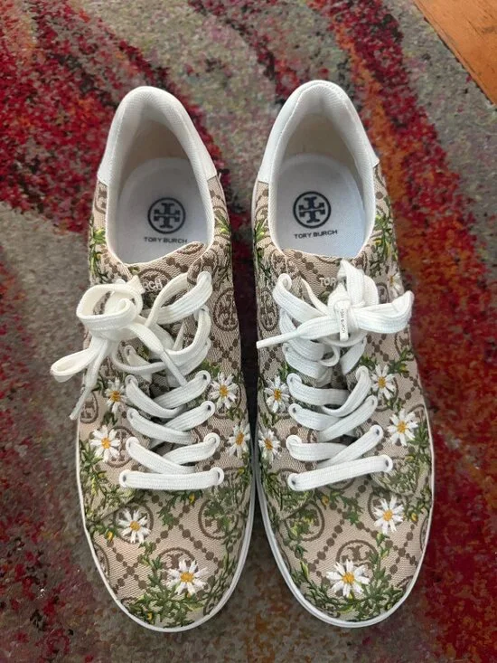 Tory Burch Tan Logo Floral Lace-Up Sneakers Howell Jacquard Print 10.5
