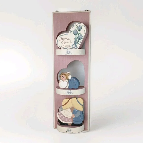 Hand Painted Wood Triple Heart Shelves Wall Mount 16.75