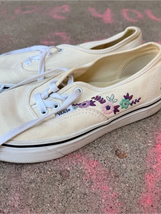 Vans Women's Cream Canvas Sneakers with Purple & Green Floral Embroidery