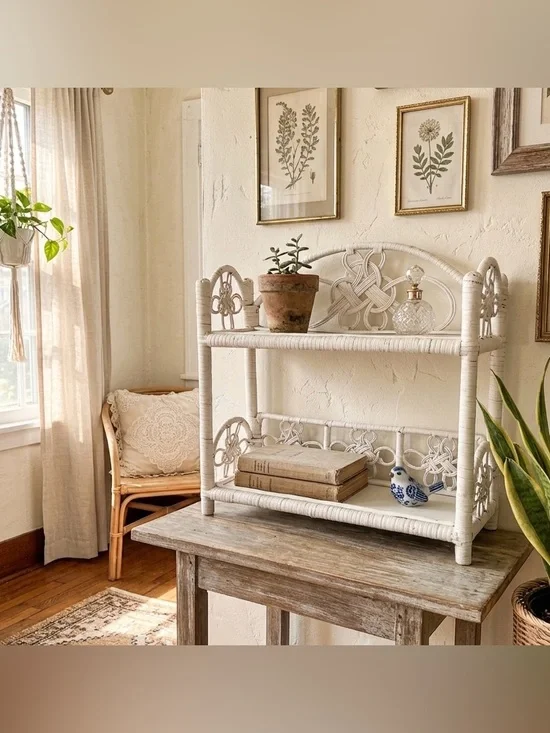 Vintage White Wicker Two Tier Display Shelf Boho Cottagecore Accent Eclectic