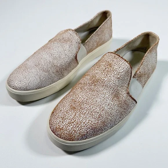 Vince Crackled Metallic Leather Slip On Sneakers Women's Size 9 White Bronze