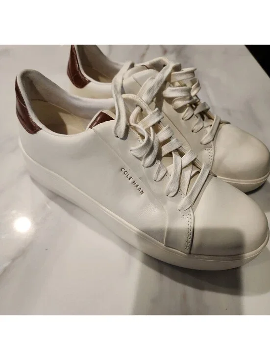 New Cole Haan GrandPro White Leather Sneakers Brown Heel Women's 9.5 B