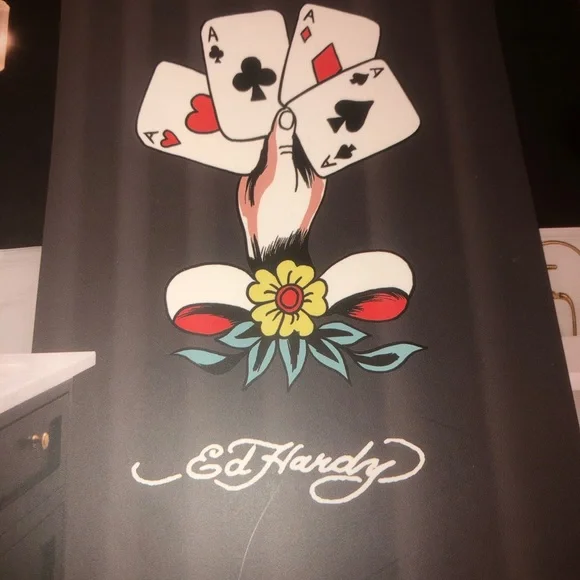 🖤 Ed Hardy Black Shower Curtain with Playing Cards Graphic