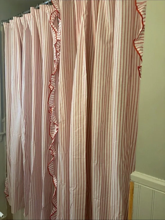 Threshold Pink and White Striped Ruffle Shower Curtain