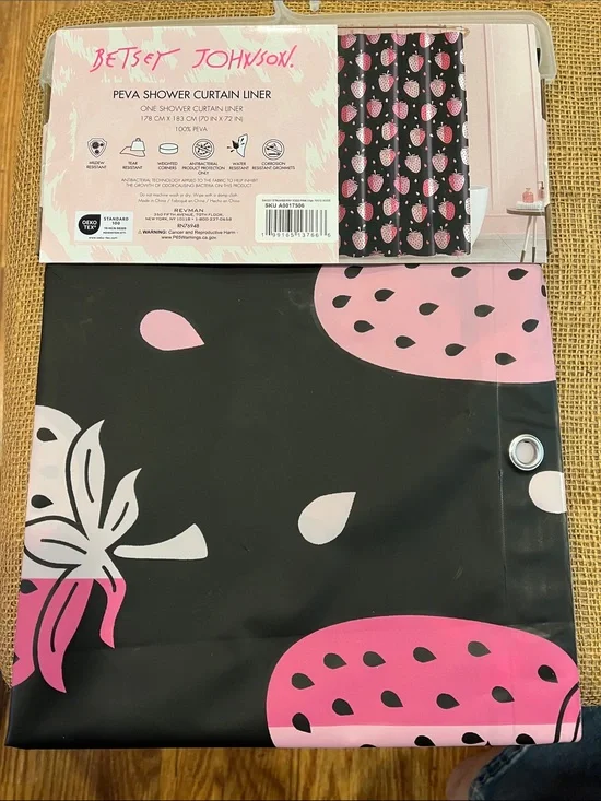Betsey Johnson Black and Pink Strawberry PEVA Shower Curtain Liner