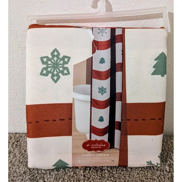 St Nicholas Square Christmas Shower Curtain Snowflakes Trees Fabric‎ 70x70