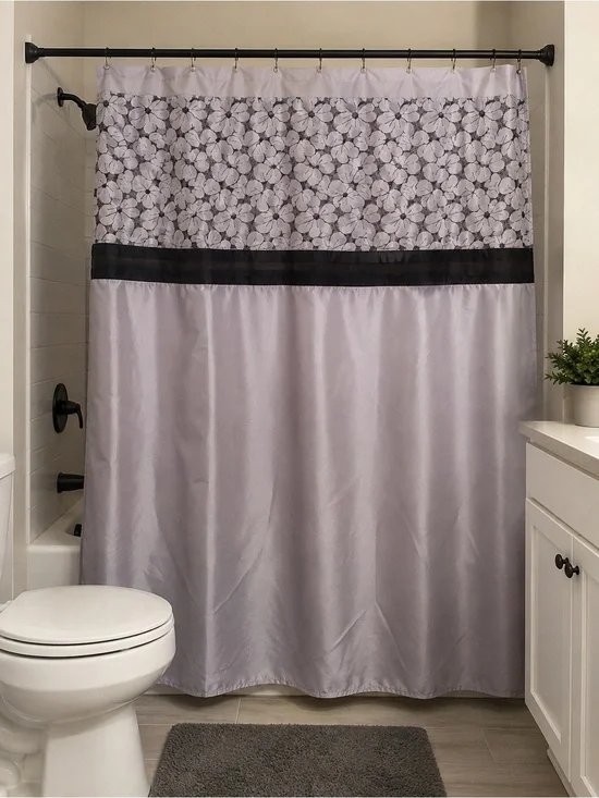 Elegant Gray Floral Shower Curtain Panel with Black Trim