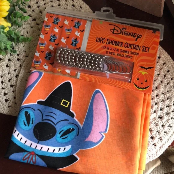 Disney Halloween Stitch with Ghosts and Bats Shower Curtain Set