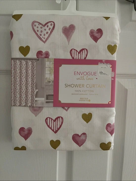 Envogue Pink & Gold Heart Cotton Shower Curtain - Romantic Print