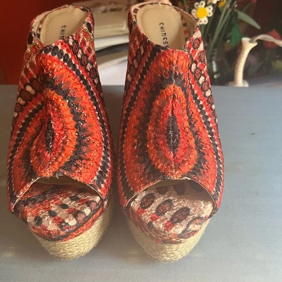 Chinese Laundry Women's Red Orange Patterned Espadrille Wedge Sandal