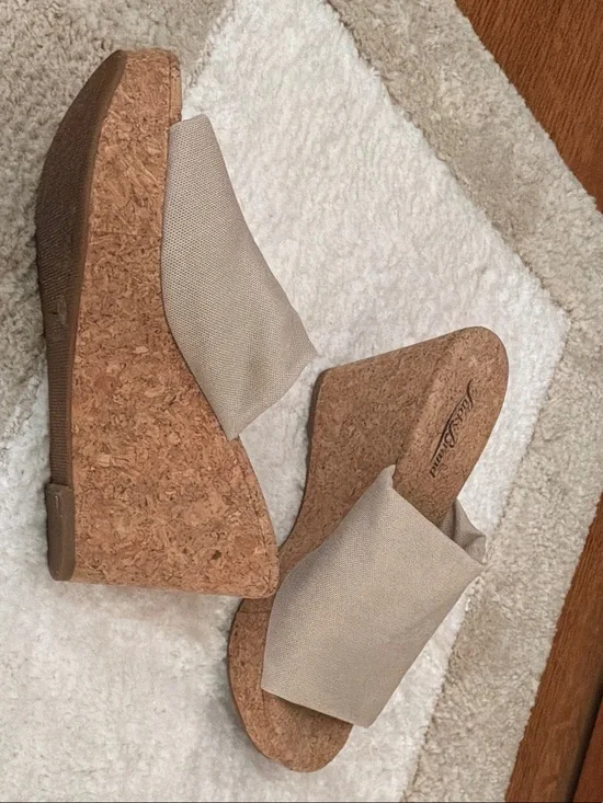 Lucky Brand Beige Canvas Cork Wedge Slide Sandals