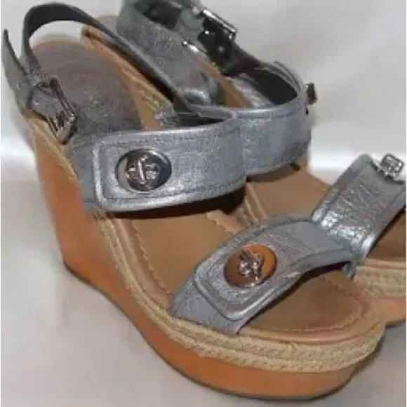 Coach Marian Metallic Silver Wood Platform Wedge Sandals w/Ankle Strap. Size 10.