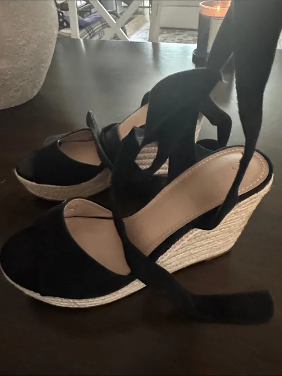 Black Espadrille Wedge Sandals with Wrap-Ankle Tie