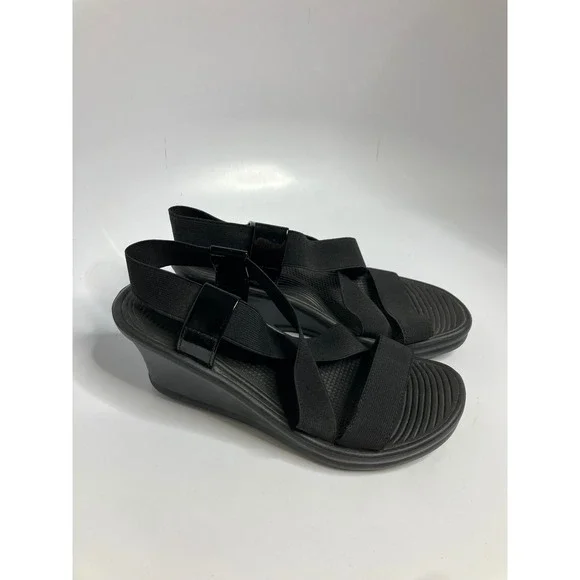 Skechers Wedge Sandals Womens 6 Black Excellent Elastic Straps Patent Trim
