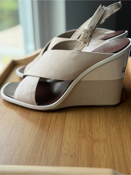 Tory Burch Nude Beige Crisscross Wedge Sandals