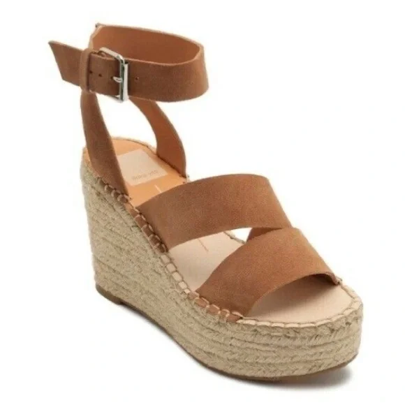NWOB Dolce Vita Shayla Wedge Sandal‎ Women's Size 9.5 M Saddle Caramel Tan Suede