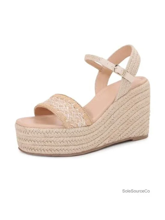 Woven Raffia Espadrille Wedge Sandals Ankle Buckle Platform Summer Beach Casual
