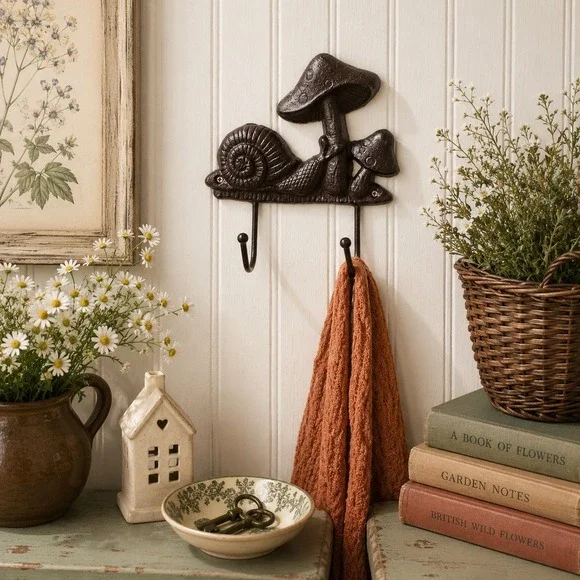 Cast Iron Snail Mushroom Double Wall Hook Garden Whimsical Cottage Decor
