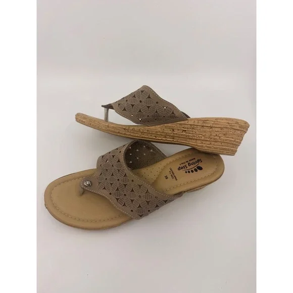 Spring Step Womens Tan Leather Laser Cut Floral Wedge Thong Sandal Made in Italy