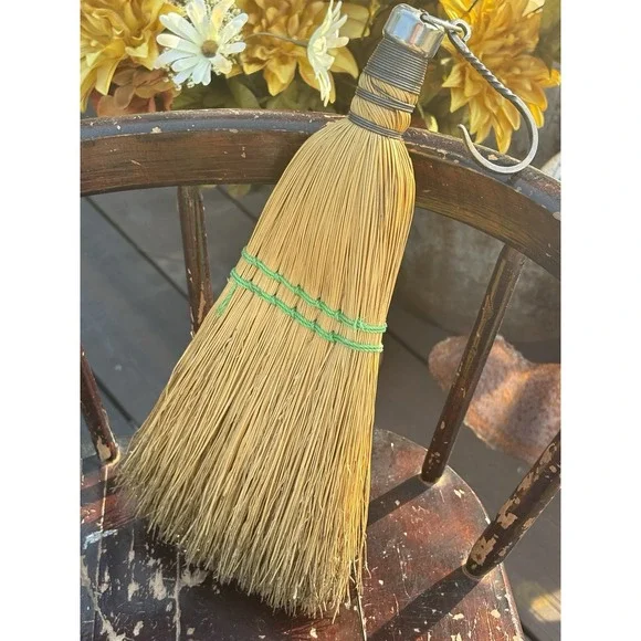 Vintage Straw Whisk Broom Hand Tied Metal Farmhouse  Cottagecore Forged Hook