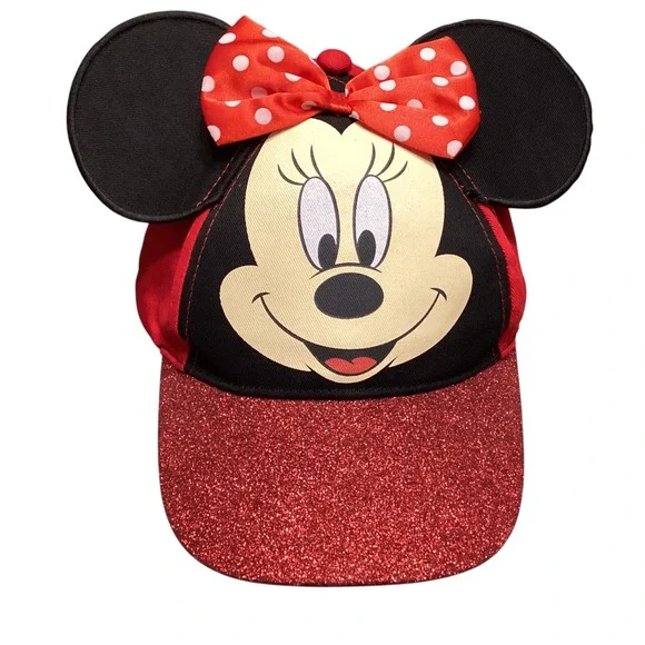 Disney Minnie Mouse Girls Red Glitter Baseball Cap 3D Ears Polka Dot Glitter EUC