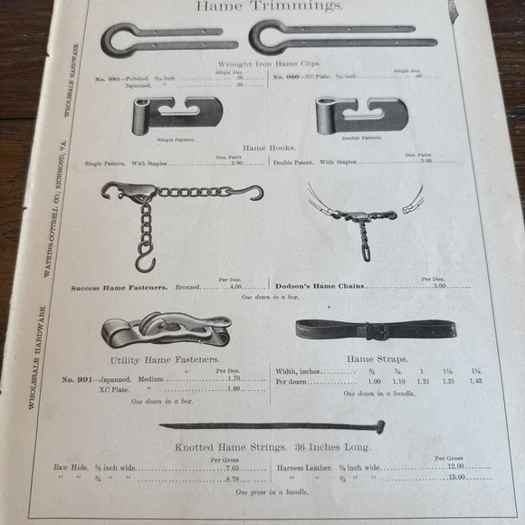 VTG Print Ad Horse Tack Wrought Iron Hame Trimmings Clips Fasteners Chains Pads
