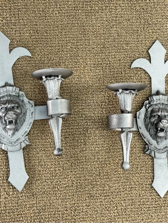 2 Silver Lion Head Wall Sconce Pair - Decorative Metal Candle Holders