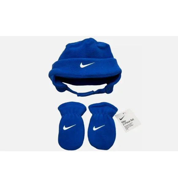 Nike Baby Infant Fleece Chin Strap Trapper Hat & Mittens 2 Piece Set 12-24M Blue