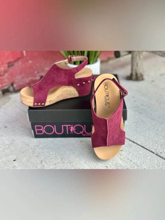 Corkys Carley Burgundy Suede Wedge Sandals