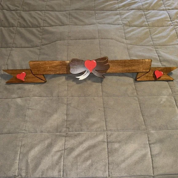 Vintage Wooden Bow Ribbon Wall Hanging Red Hearts Cottage Core Country Decor 29