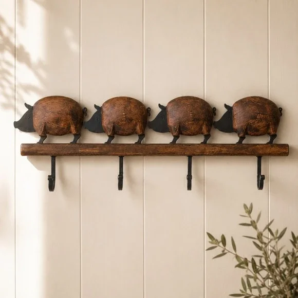 Vintage‎ Wooden Pig Wall Hook Rack Carved Wood Rustic Farmhouse Decor 4 Hooks