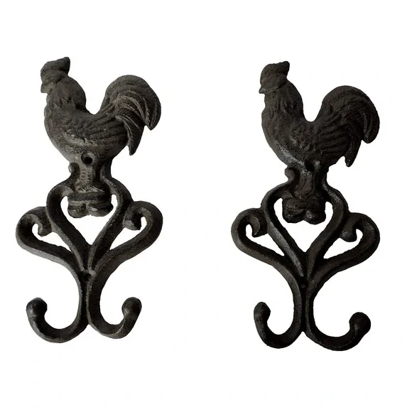 Vintage Cast Iron Rooster Wall Hooks Two Prang Farmhouse Mid Century Modern 2 pc