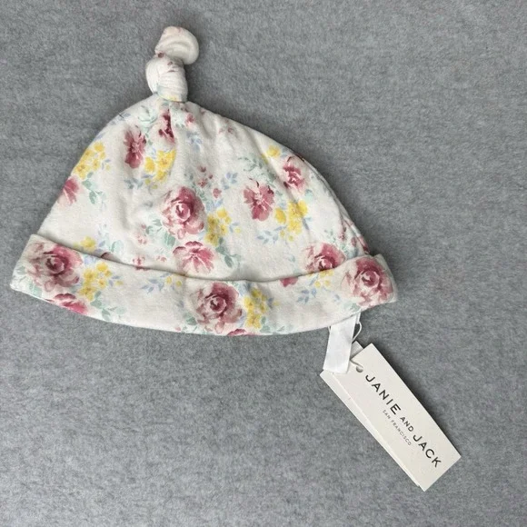 New Janie And Jack White Pink‎ Floral Top Knot Baby Hat 18-24 Months