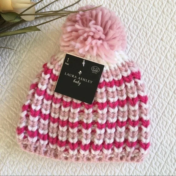 NWT Laura Ashley Baby Knit Pom Pom Hat 0-12m Pink Stripe