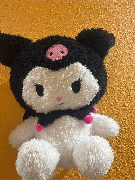 Plush Black & White Character Hooded Stuffed Toy with Pink Accents