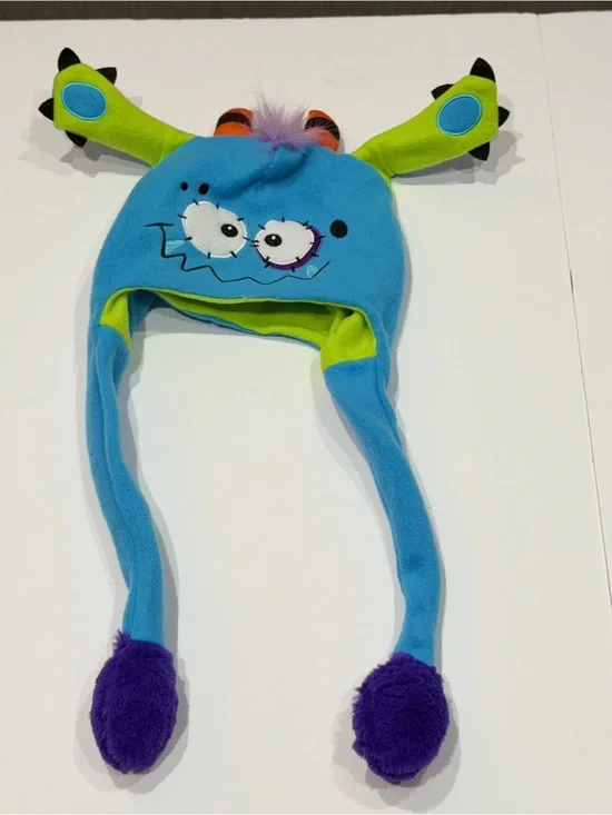 Blue & Lime Monster Earflap Hat with Purple Pom Poms