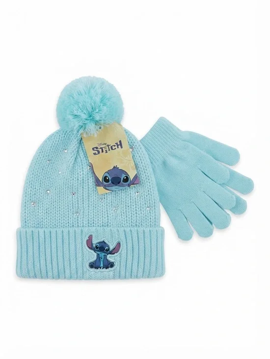 Disney Stitch Kids Pom Beanie and Gloves Set - Light Blue