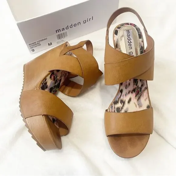 MADDEN GIRL ROME wedge sandal OPEN TOE CASUAL PLATFORM COGNAC size 9 with box