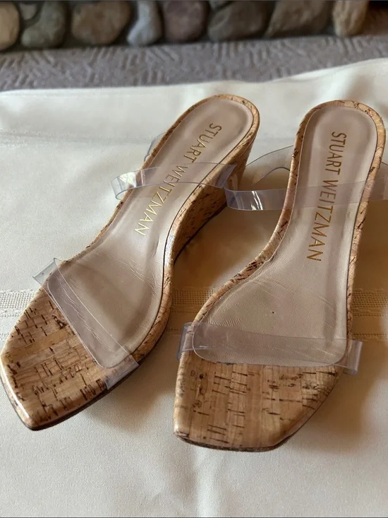 Stuart Weitzman Clear Strap Cork Wedge Sandals - Beige/Cork, Size 7