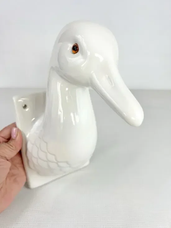 White Ceramic Goose Duck Head Wall Mount Hook Apron Towel Holder Farmhouse READ