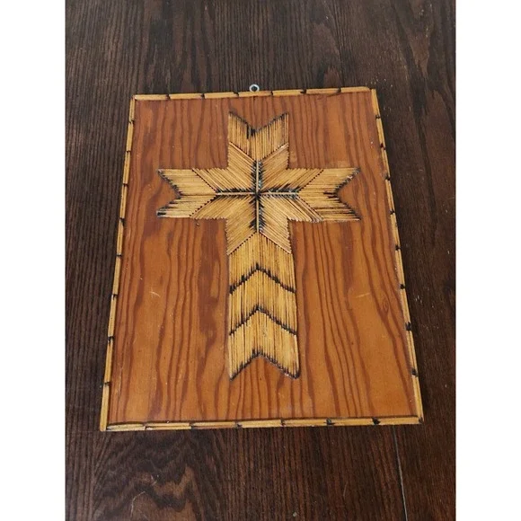 Vintage Folk Art Wood Cross Wall Hanging Matchstick Match Rustic Christian Decor