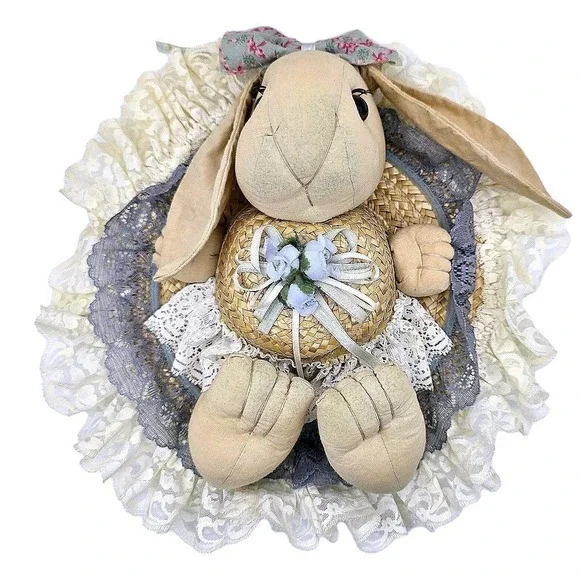 Vtg Shabby Chic Easter Bunny Rabbit‎ Straw Hat Wall Hanging Country Decor 14