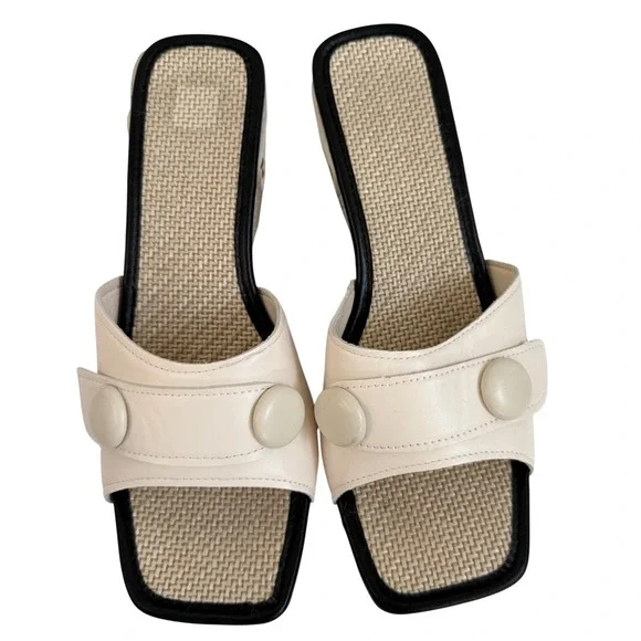 Cream Button Raffia Platform Slide‎ Sandals Square Toe Wedge Heels Size 42 US 9